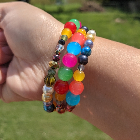 Jasper Beads Bracelet Colorful Rainbow Handmade Memory Wire Jewelry Bright Color - Picture 6 of 11